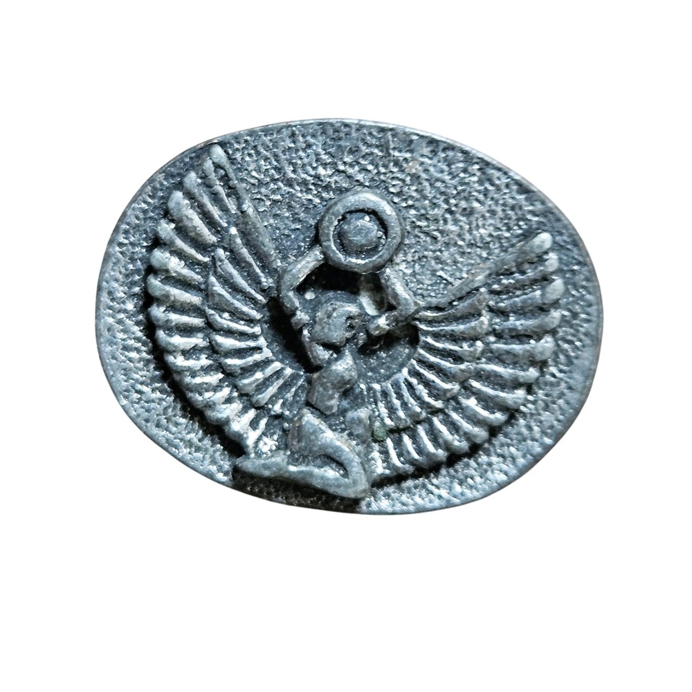 Vintage Egyptian Goddess Isis‎ Winged Pewter Antiqued Oval 1" Disc Mythology Art